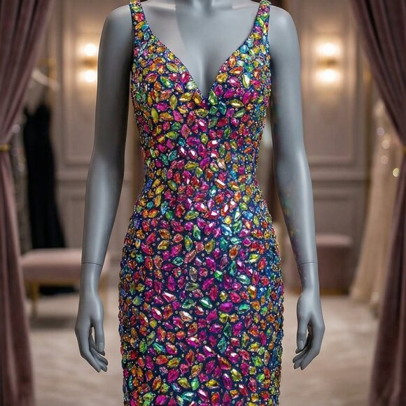 🎆Luxury Couture Designer Crystals Beaded Runway Glamorous Cocktail Party Dress - Picture 2 of 2